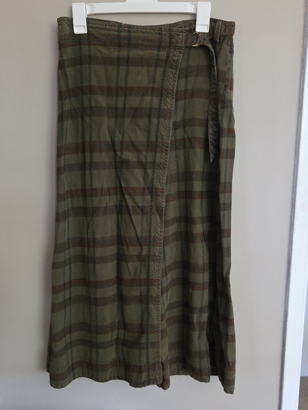 Pilcro Olive and Brown Plaid Wrap Split Skirt